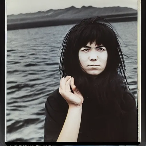 Prompt: black - haired girl with wild spiky black saiyan hair with long bangs over her eyes, hair bangs down to nose, goth hair, muscular, wearing casual clothing, standing on an alaskan fishing vessel, mekoryuk, alaska, 1 9 6 5, polaroid, kodachrome, grainy photograph