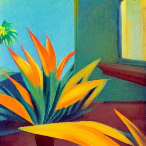 Image similar to bird of paradise flowers in a Hawaiian setting, golden hour, by Edward Hopper and Georgia O’Keefe