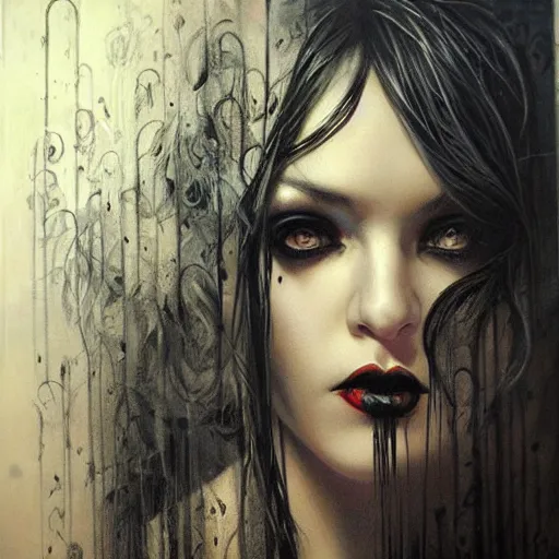 Image similar to beautiful goth girl, tension, graphic novel, charcoal art, angry, by karol bak