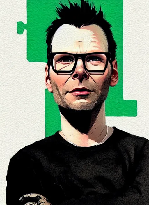 Prompt: highly detailed portrait of beautiful christian slater, stubble, old, as mr robot, thick square glasses, by atey ghailan, by greg rutkowski, by greg tocchini, by james gilleard, by joe fenton, by kaethe butcher, gradient green, black and white color scheme, grunge aesthetic!!! ( ( graffiti tag wall background ) )