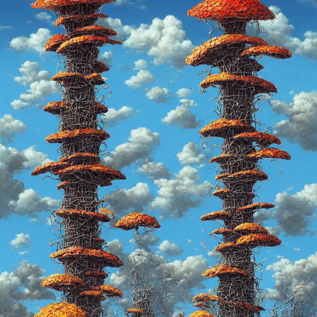 Prompt: a single! colorful! fungus tower clear empty sky, a high contrast!! ultradetailed photorealistic painting by michael whelan, hard lighting, masterpiece