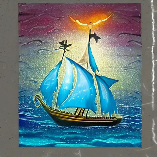 Image similar to A pirate on the high seas that has magical pearlescent shimmering see through sails