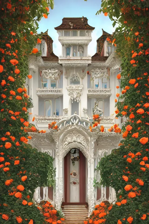 Image similar to The front of the white Rococo-style castle is full of roses, Art Nouveau Cosmic 4k Detailed Matte Illustration featured on Getty Images ,CGSociety, Jade and Carrot orange color scheme, Pastiche by Marc Simonetti, Pastiche by Cedric Peyravernay