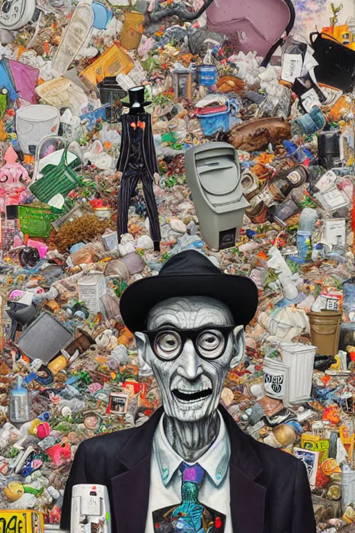 Image similar to full view, from a distance, of anthropomorphic trashcan william s burroughs, full of trash, style of yoshii chie and hikari shimoda and martine johanna, highly detailed