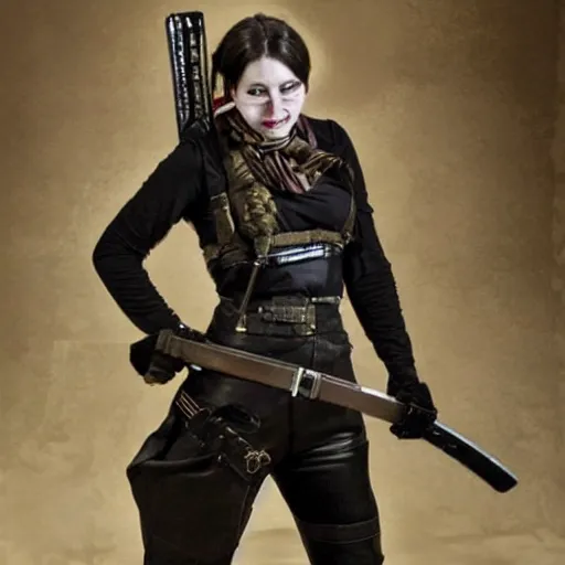 Prompt: full body photo of a female dieselpunk rogue with a katana