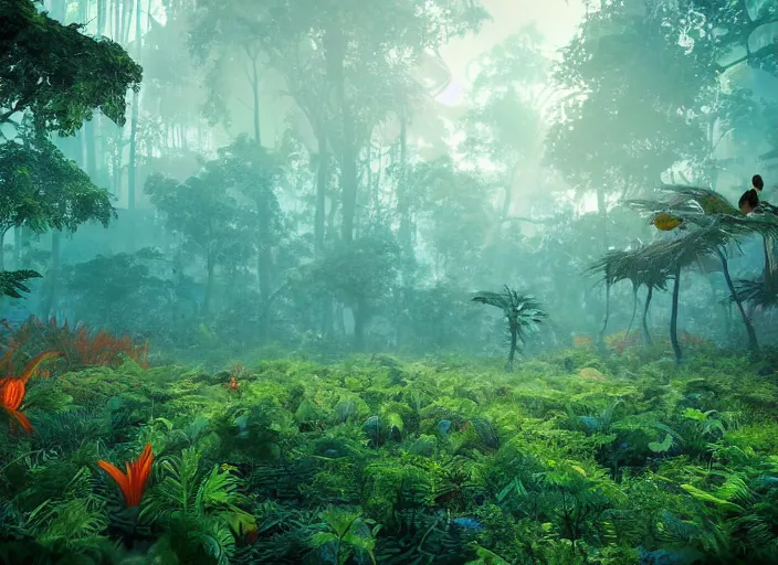 Prompt: a lush alien forest, teal sky, orange plants, birds in flight, humid alien jungle, atmospheric, exotic, unreal engine, trending on artstation