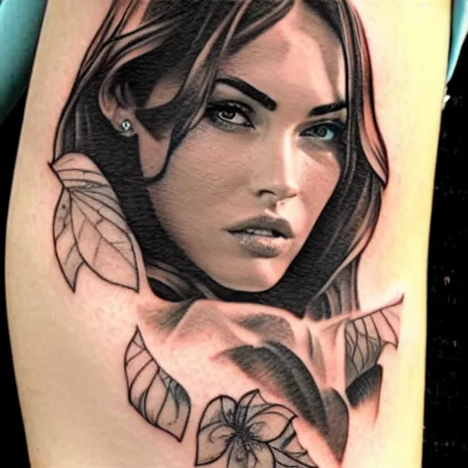 Image similar to hyper realism tattoo sketch of megan fox face professional double exposure art with beautiful mountain scenery, in the style of matteo pasqualin, amazing detail, sharp, faded