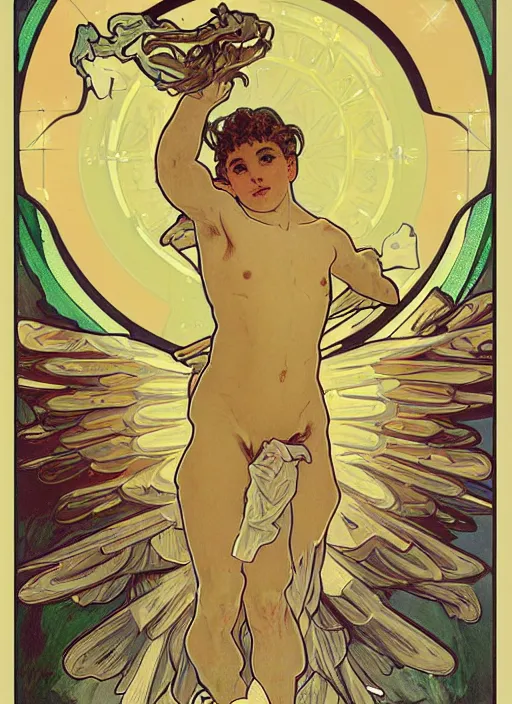 Image similar to digital character concept art by paul berthon and alphonse mucha, portrait of a young 1 2 years old icarus a god, twelve years old, arms spread wide looking skyward as if to fly, large mechanical bird wings, beautiful, smooth body, night time, light effect, clouds, stars, glowing lanterns, detailed, poster art, lithograph, hyper detail