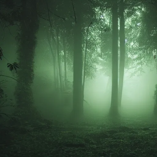 Image similar to deep rain forest scene, dark, dense fog, greenish lights