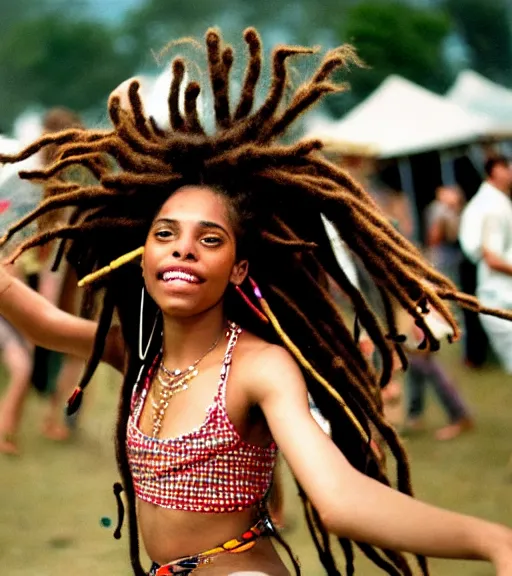 Prompt: portrait of a stunningly beautiful girl with dreadlocks dancing at a music festival, by bruce davidson