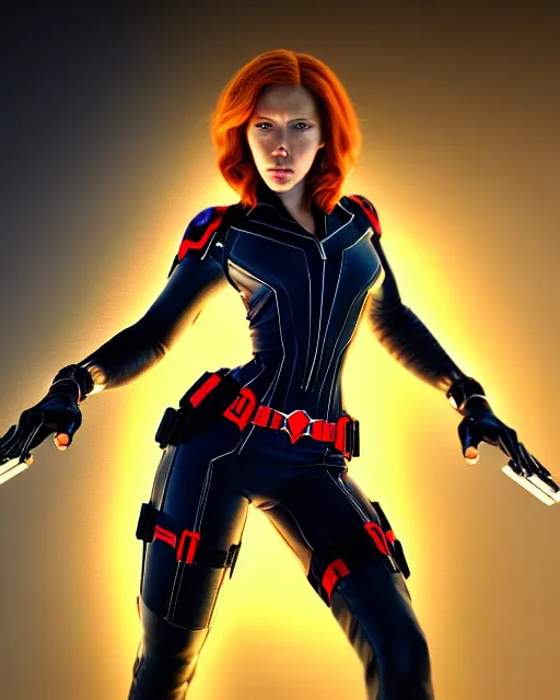 Image similar to hyperrealistic mixed media painting of Black Widow, marvel, heroic pose, stunning 3d render inspired art by P. Craig Russell and Barry Windsor-Smith + perfect facial symmetry + dim volumetric lighting, 8k octane beautifully detailed render, post-processing, extremely hyperdetailed, intricate, epic composition, grim yet sparkling atmosphere, cinematic lighting + masterpiece, trending on artstation, very very detailed, masterpiece, stunning