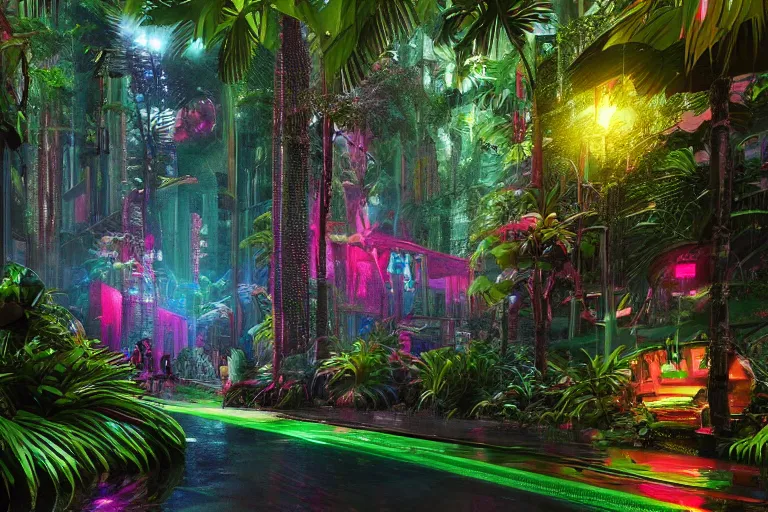 Image similar to neon rainforest, detailed render, hyperrealistic, cgsociety, artstation, 4k