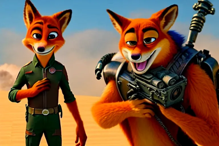 Image similar to nick wilde ( from zootopia ), heavily armed and armored facing down armageddon in a dark and gritty reboot from the makers of mad max : fury road