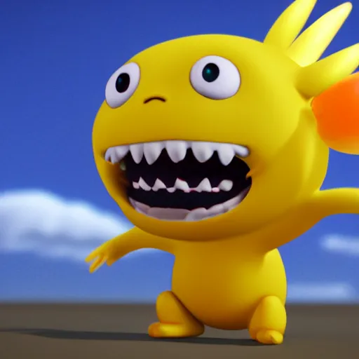 Image similar to final render made with blender of a cute yellow and orange kawaii demon with slow eyes and little fangs standing on a beach, by pixar and studio ghibli