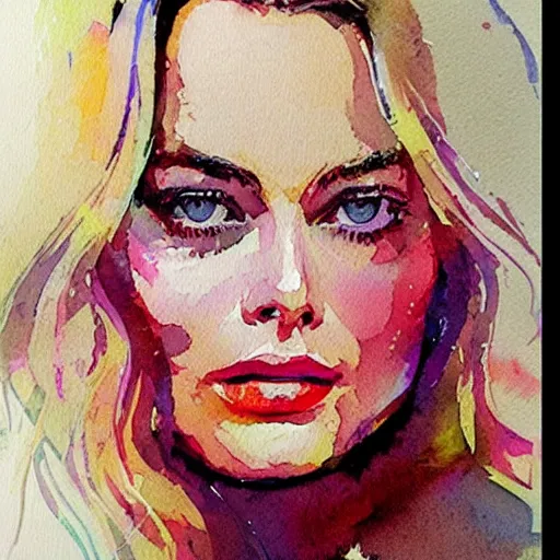 Prompt: Beautiful detailed watercolor medium shot of Margot Robbie by Bill Sienkiewicz, trending on pinterest