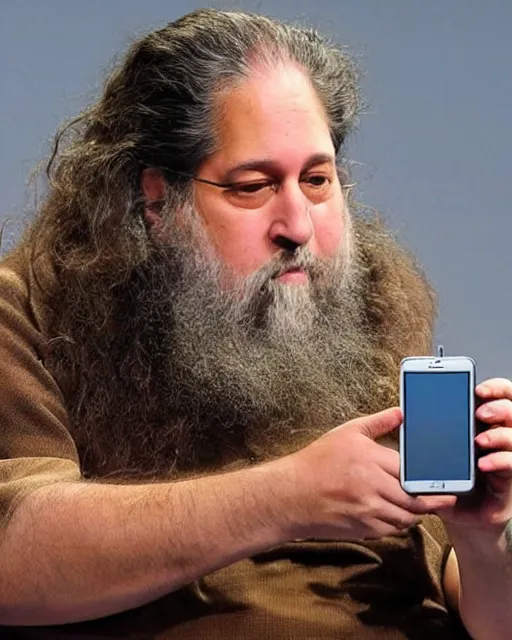 Prompt: Richard Stallman demonstrates the new Apple iPhone, Apple Special event, keynote presentation