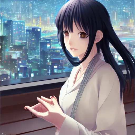 Image similar to portrait of a bored girl watching the scenery of tokyo, anime fantasy illustration by tomoyuki yamasaki, kyoto studio, madhouse, ufotable, trending on artstation