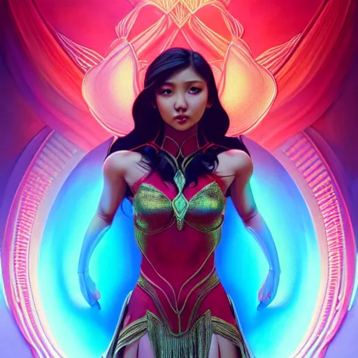 Prompt: nadine lustre as darna, volumetric lights, red and cyan theme, art nouveau botanicals, intricate, highly detailed, digital painting, artstation, concept art, smooth, sharp focus, cinematic, illustration, beautiful face, art by artgerm and greg rutkowski and alphonse mucha