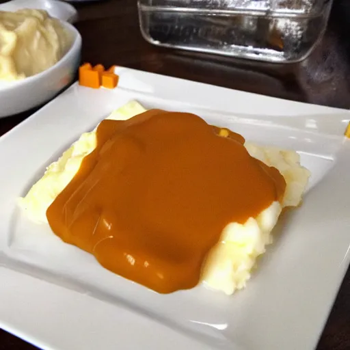 Prompt: Lego bricks on orange gravy , mashed potatoes, Michelin star, award winning