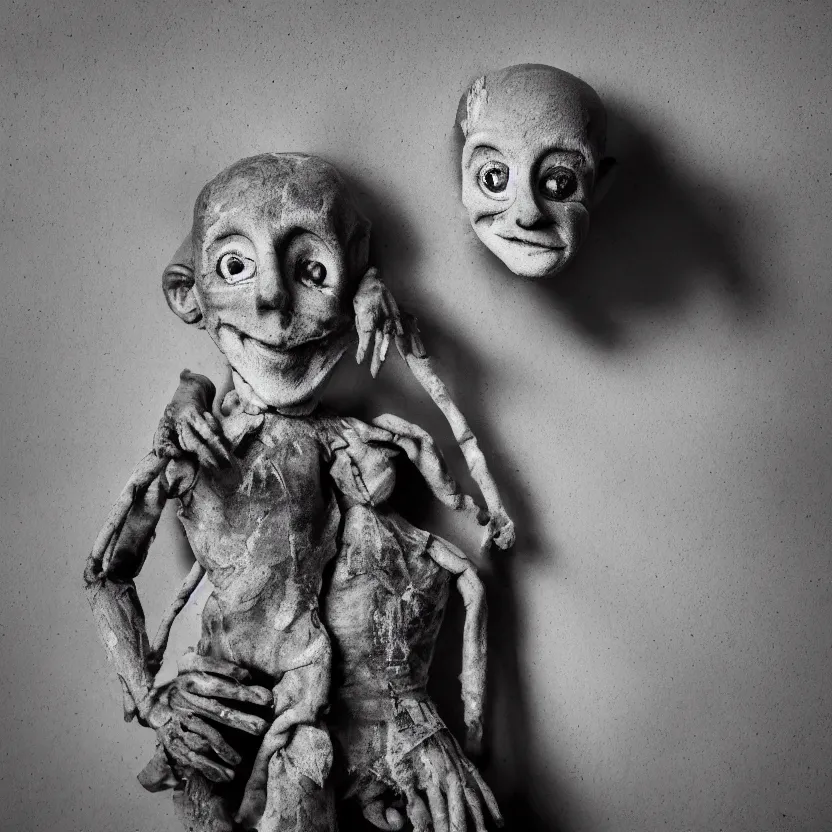 Image similar to creepy ventriloquist dummy in the style of roger ballen, 4 k, bw, portrait