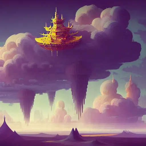 Prompt: cloud king rests on high nimbus spires in this sky palace lord of all the vast kingdom. simon stalenhag ilya repin greg danton brian sum max bedulenko igor krstic james suret pascal blanche illustration unreal engine render