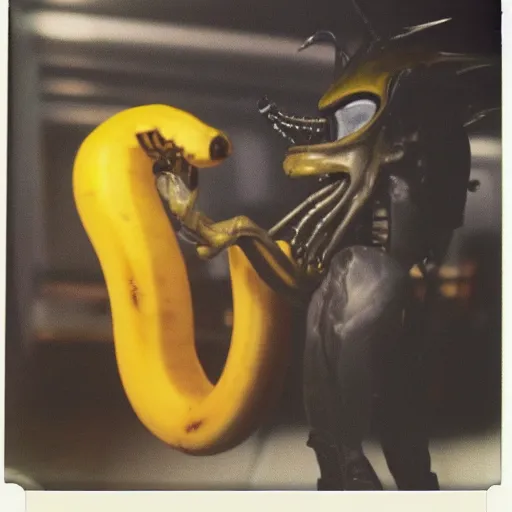 Image similar to polaroid image of xenomorph in a presidential debate against a giant banana