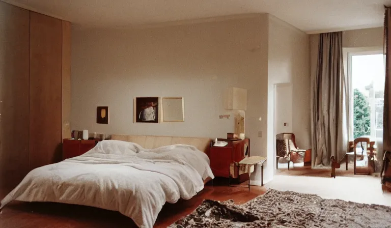 Image similar to A bedroom designed by Hugo Comte, 35mm film, long shot