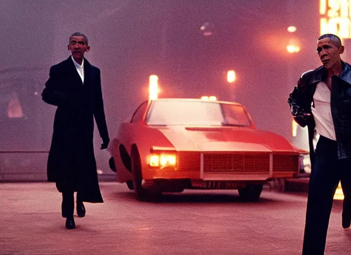 Image similar to film still barack obama wearing leather coat as a detective in blade runner, 8 k