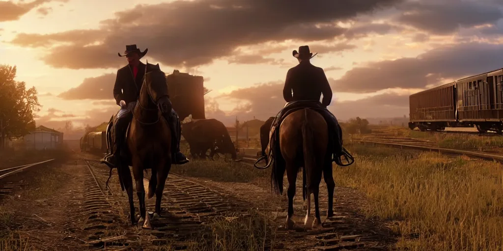 Image similar to Donald Trump from Red Dead Redemption 2 riding a horse next to a train, wide shot, ray tracing, 8k by artgerm and greg rutkowski