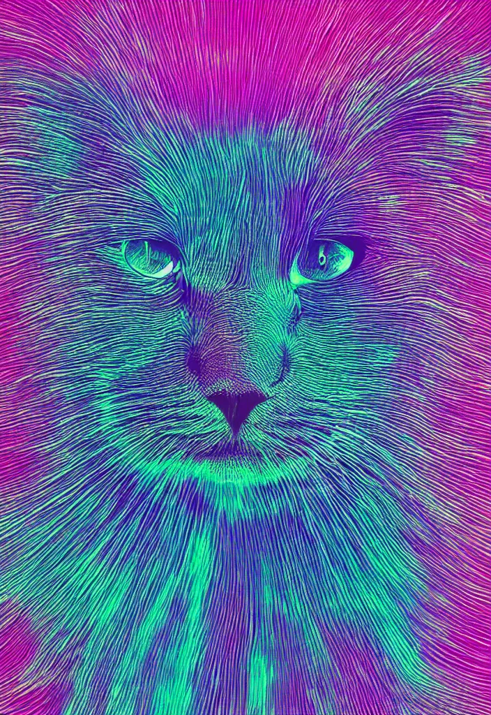 Image similar to highly detailed high resolution stacked plot of radio emissions from a pulsar, abstracted light refractions and stripy interference, making up a fluffy cat, silk screen t-shirt design in the style of FELIPE PANTONE 4K