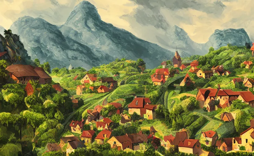 Image similar to a small village in a valley, villagers busy farming, a dragon approaching from a distance, storybook, gouache, flat, sharp edges, golden ratio, concept art, print