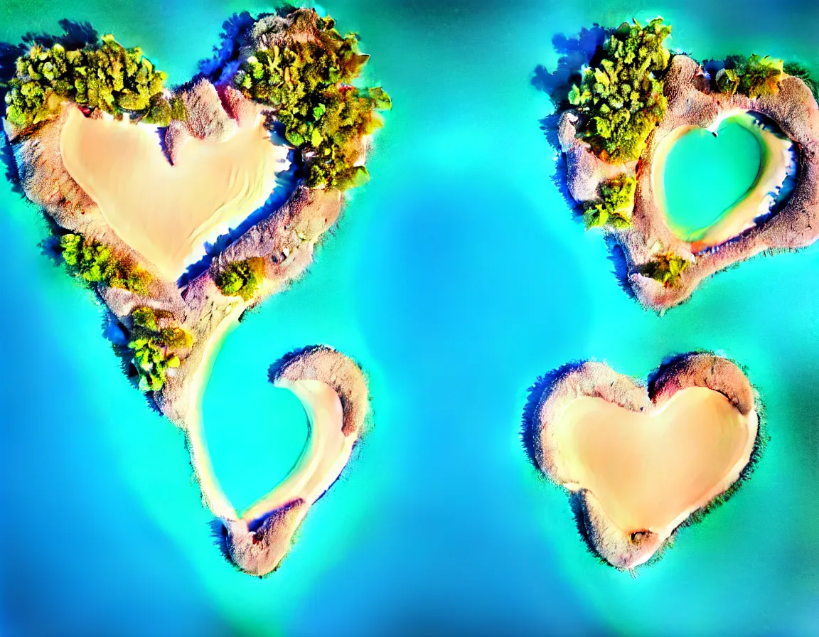 Image similar to telephoto shot of 3 d rendered realistic exotic tree heart / shaped sandy beach island with blue lagoon, sunset lighting with fluffy clouds over horizon