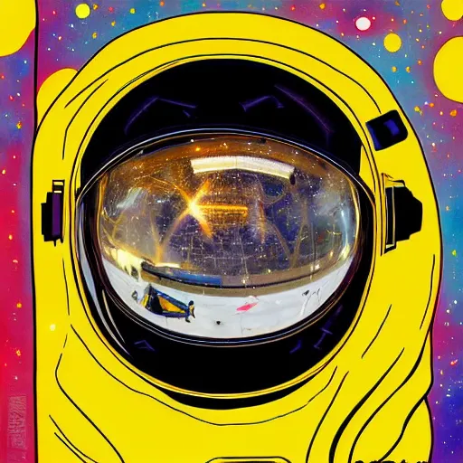 Prompt: astronaut floating outside spaceship space station wearing black space suit and gold helmet, colourful, vibrant, minimalist, highly detailed, realistic, portrait, symmetrical, photorealistic, proportional, beauty, fish eye lens, nasa, spacex, galaxies, in the style of Edward hooper oil painting