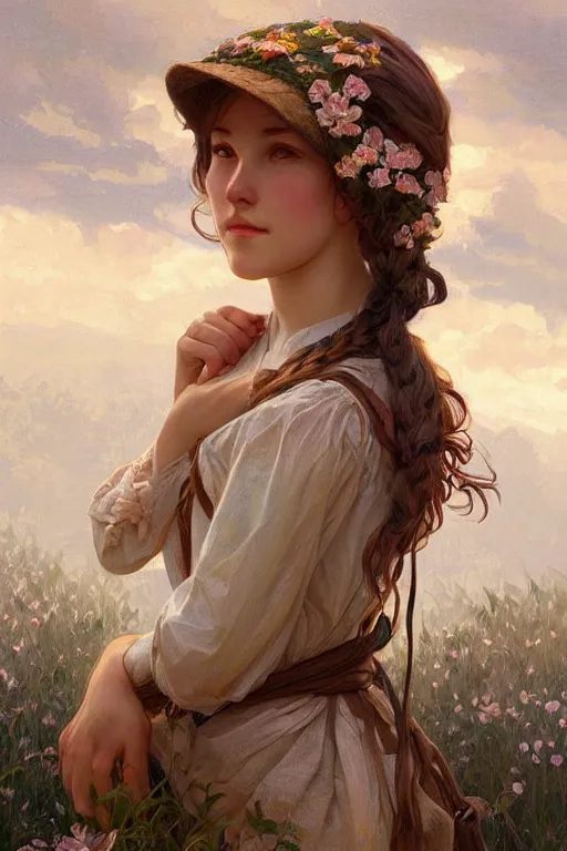 Image similar to beautiful cottagecore young peasant maiden, innocent, intricate, elegant, highly detailed, digital painting, artstation, concept art, smooth, sharp focus, illustration, art by artgerm and greg rutkowski and alphonse mucha