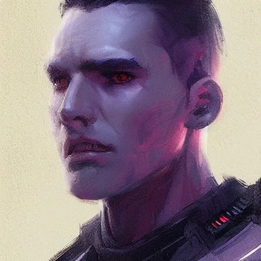 Image similar to concept art of a portrait by greg rutkowski, a soldier of the eternal empire wearing black and purple tactical gear, star wars expanded universe, smooth, sharp focus, artstation hq.