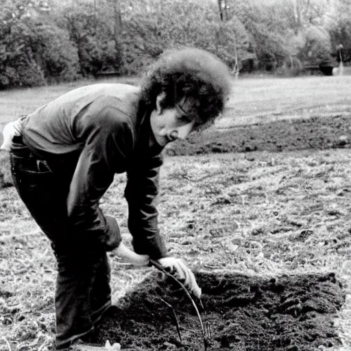 Prompt: bob dylan on his hands and knees picking through the soil looking for grubs, photograph