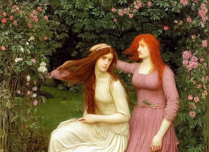 Image similar to a very very very beautiful Pre-Raphaelite painting of two women in a lush garden brushing their hair, by Waterhouse