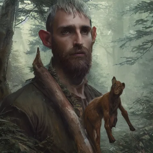 Image similar to 'portrait of a male wood-elf surrounded by animals in the woods, art by Greg Rutkowski, 4k'