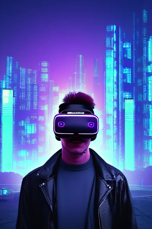 Image similar to cool cyberpunk dude with vr goggles, looking onto the city buildings, photorealism, night ambiance, vaporwave colors, neon glow on structures, highly detailed, trending on artstation, cinematic moody colors, 8 k, 4 k