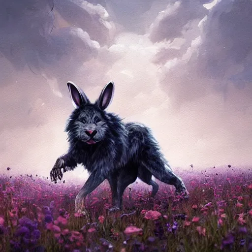 Image similar to A werewolf bunny transforming in a field of flowers. Academic painting by Greg Rutkowski, Mobile still frame. 4K UHD