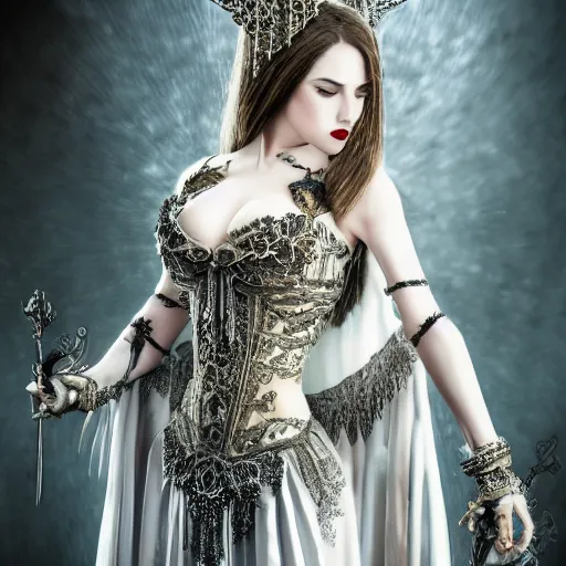 Image similar to beautiful vampire queen with ornate dress, highly detailed, 4k, HDR, smooth, sharp focus, hyper realistic, high resolution, award-winning photo