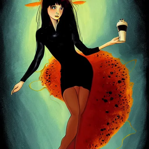 Prompt: painting in style of moebius, very young girl, dark angel of coffee, the extremely hot and sexy, shiny black dress, long red hair, freckles, orange halo around her head, black wings, huge cup of coffee