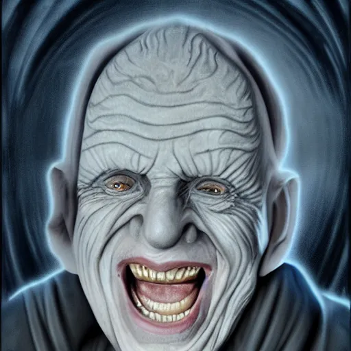 Image similar to portrait of Emperor Palpatine, Orange eyes, circles under the eyes, laughing, photorealism, 4k, super detail, Star Wars movie Style