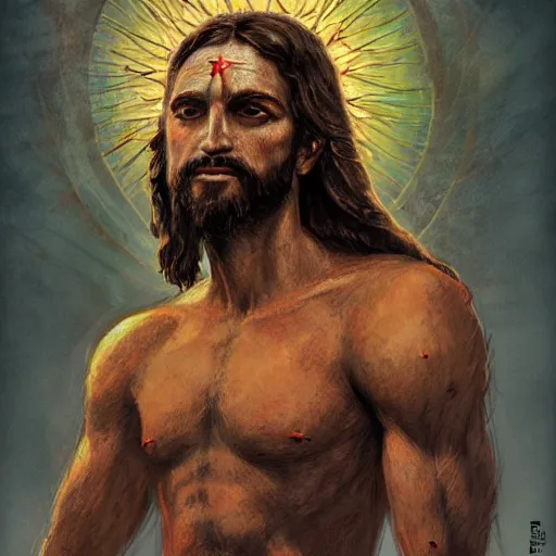 Image similar to portrait of jesus with a lizard head, crown of thorns, cross, christianity, intricate, elegant, highly detailed, centered, grungy, digital painting, artstation, concept art, smooth, sharp focus, boris vallejo