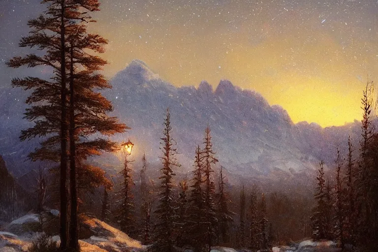 Image similar to mountains, trees, beautiful nature, winter, night, norhtern lights, stars, very detailed, focused, cinematic lighting, oil painting, colorful, canvas, artstation, Sydney Mortimer Laurence, Albert Bierstadt