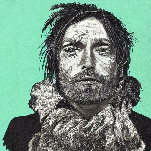 Image similar to Thom Yorke, a man with a beard and a black jacket, a portrait by John E. Berninger, dribble, neo-expressionism, uhd image, studio portrait, 1990s