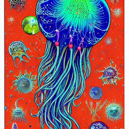 Image similar to colorful space jellyfish by ernst haeckel and geoff darrow