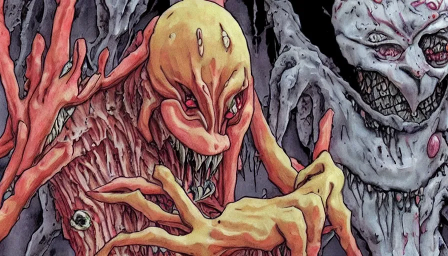 Prompt: a extremely gross disgusting and scary vile monster from neon genesis evangelion The Thing, Spawn, Horror necromorph japanese yokai kappa by Cronenberg and greg nicotero special effects