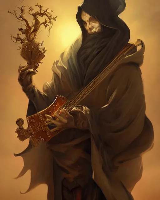 Image similar to baroque portrait of a shadowy man wearing a hooded cloak, playing a magical mandolin, gallery art by peter mohrbacher, artstation, artgate