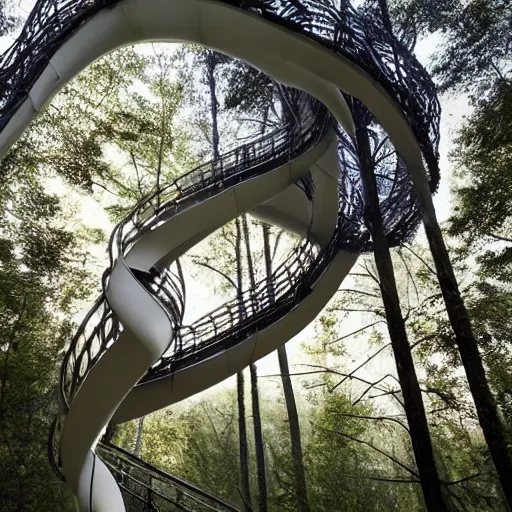 Prompt: hyper realistic, very high helix shaped observation tower made by metal in forest, wide angle shot, future design, extremely realistic, architecture design, parametric architecture, environment, sunset, foggy, cinematography, mega scans, cinematic, hyper realistic, photo real, cinematic composition, highly detailed